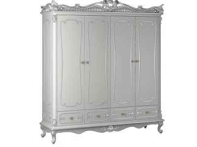 Elegant European Style White Wardrobe with Carved Details Mirrored Doors and Drawers 3d model