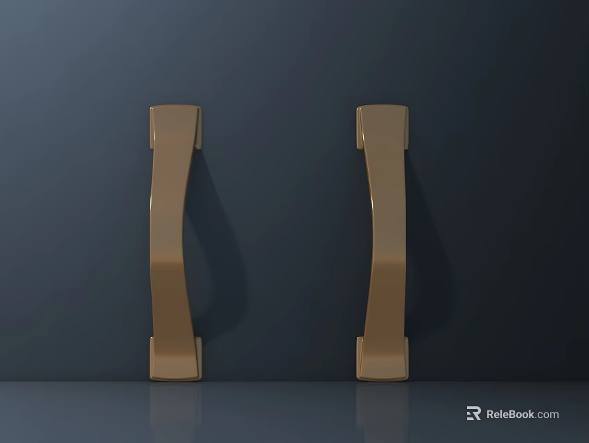 Golden Door Handles With Modern Design On Dark Background And Reflective Finish 3d model 