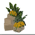 Elegant Floral Display with Yellow Flowers and Green Foliage in Stacked Woven Baskets