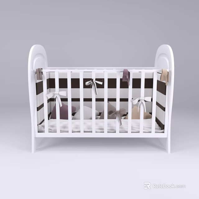 White Baby Crib With Curved Headboard And Decorative Fabric Strips On Mattress 3d model 