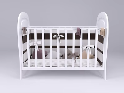 White Baby Crib With Curved Headboard And Decorative Fabric Strips On Mattress 3d model
