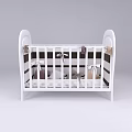 White Baby Crib With Curved Headboard And Decorative Fabric Strips On Mattress