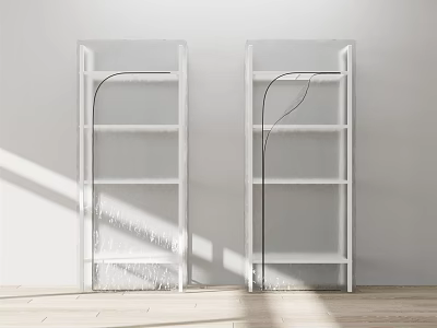 White Shelving Units Against Light Wall With Multiple Shelves On Wooden Floor With Light Shadow 3d model