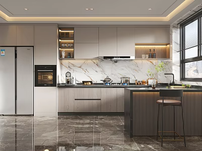 Elegant Modern Kitchen Interior With Marble Countertop Island Appliances And Cabinets 3d model