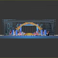 Ornate Stage With Metal Frame Blue Floor Decorative Arch Orange Pink Decor And Glowing Platform