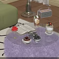 Glass Top Coffee Table With Purple Fluffy Base Open Book Wine Glass And Desserts
