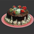 Chocolate Cake Topped With Fresh Strawberries Whipped Cream And Chocolate Drizzle On Pink Plate