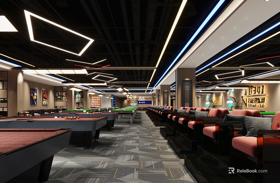 Modern Billiard Room Interior With Multiple Pool Tables And Stylish Lighting 3d model 