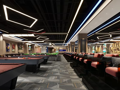 Modern Billiard Room Interior With Multiple Pool Tables And Stylish Lighting 3d model