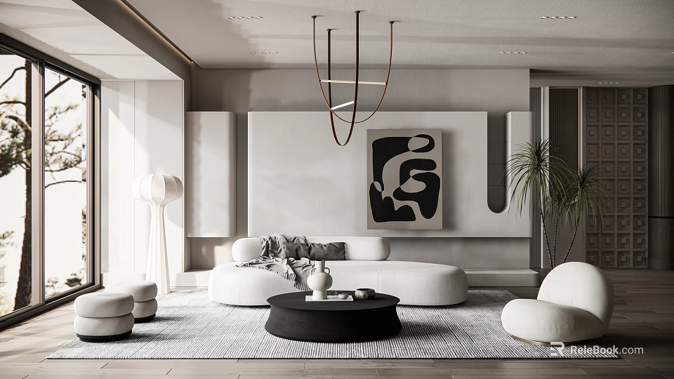 Modern Minimalist Living Room Interior With Curved Sofa Black Round Coffee Table And Abstract Painting 3d model 