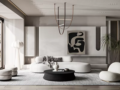 Modern Minimalist Living Room Interior With Curved Sofa Black Round Coffee Table And Abstract Painting 3d model