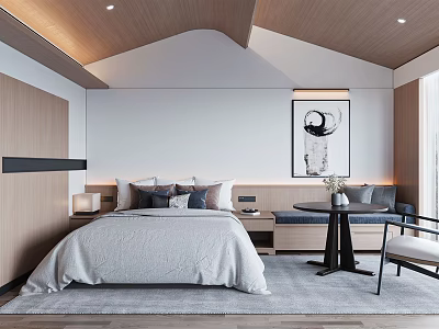 Modern Hotel Guest Room with Gray Bedding Wooden Accents Decorative Wall Art and Window Seating 3d model