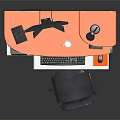 Modern Office Desk With Orange Surface Black Monitor Lamp Books Coffee Cup And Chair