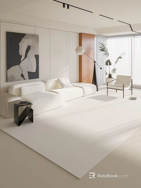 Modern Living Room Interior With White Sofa Floor Lamp Plants Abstract Artwork And Light Rug 3d model 