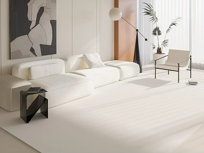 Modern Living Room Interior With White Sofa Floor Lamp Plants Abstract Artwork And Light Rug 3d model