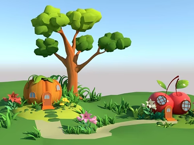 Colorful Cartoon Scene With Green Tree Pumpkin House Apple House Grass Flowers And Path 3d model