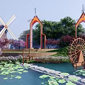 Wooden Waterwheel Sculpture in Park Setting With Pond Lotus Leaves Arched Structures And Windmill