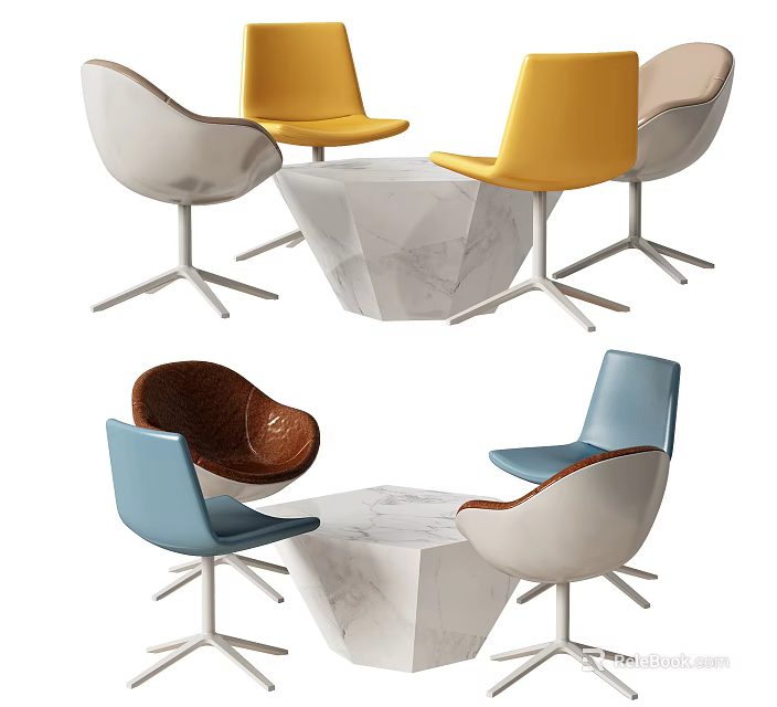 Modern Geometric Marble Table With Colorful Stylish Dining Chairs Set 3d model 