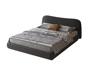 Modern Kids Bed With Curved Gray Headboard Striped Checkered Bedding And Brown Pillow 3d model