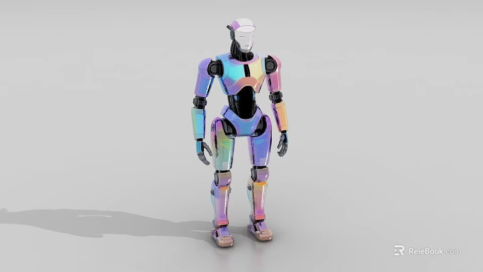 Futuristic Humanoid Robot With Colorful Rainbow Exoskeleton Standing On Gray Background 3d model 
