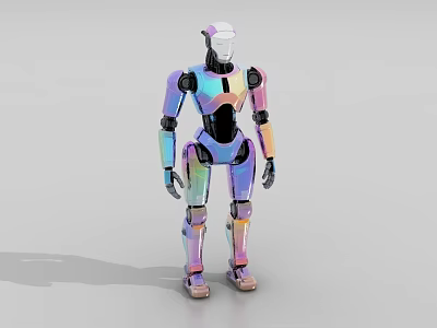 Futuristic Humanoid Robot With Colorful Rainbow Exoskeleton Standing On Gray Background 3d model