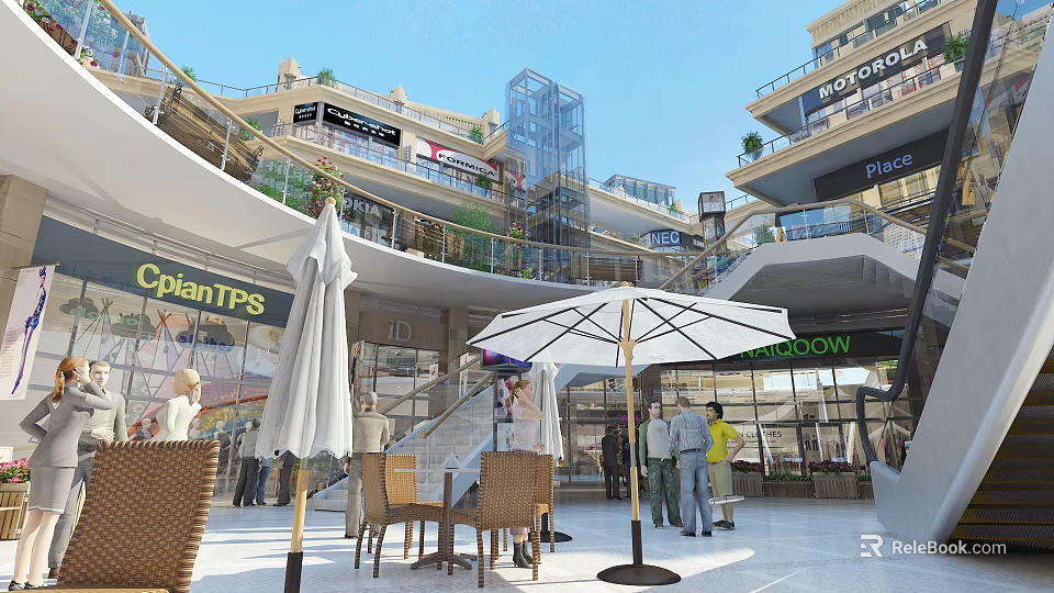 Vibrant Commercial Street With Outdoor Dining Area Umbrellas Seats Shops And Pedestrians 3d model 