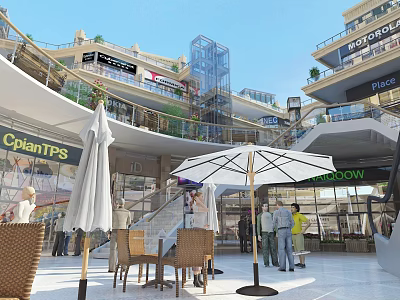 Vibrant Commercial Street With Outdoor Dining Area Umbrellas Seats Shops And Pedestrians 3d model