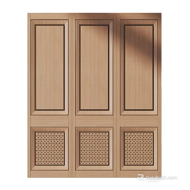 Elegant Wooden Wall Paneling With Vertical Panels And Lattice Pattern 3d model 