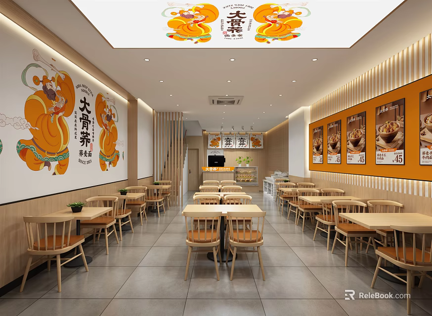 Bright Restaurant Interior With Wooden Tables Chairs Wall Decorative Paintings Ceiling Xi Cartoon Decorations 3d model 