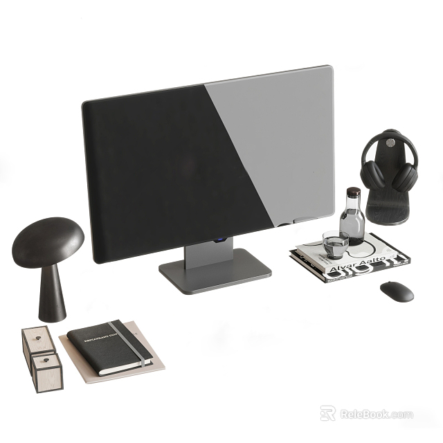 Stylish Contemporary Computer Monitor Setup With Headphones Mouse Notebook And USB Drives 3d model 