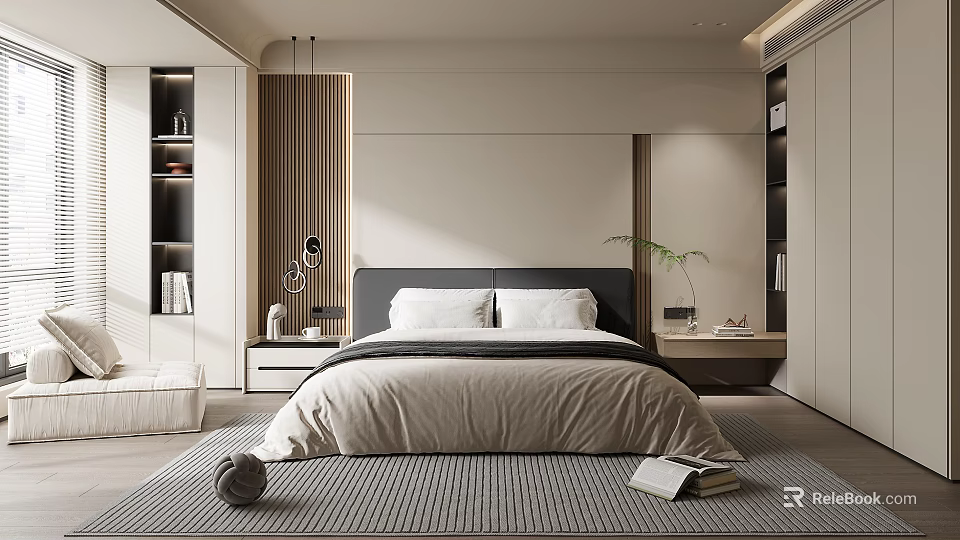 Modern Bedroom Interior With King Bed Black Headboard Wooden Nightstands Table Lamp And Area Rug 3d model 