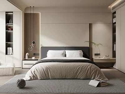 Modern Bedroom Interior With King Bed Black Headboard Wooden Nightstands Table Lamp And Area Rug 3d model