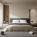 Modern Bedroom Interior With King Bed Black Headboard Wooden Nightstands Table Lamp And Area Rug