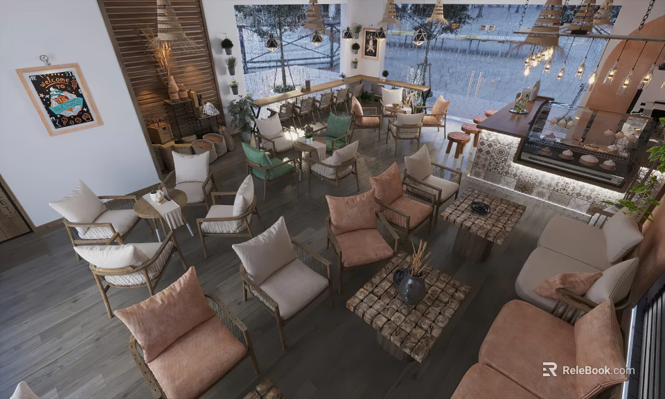 Modern Cozy Café Interior With Comfortable Chairs Wooden Tables And Hanging Lights 3d model 
