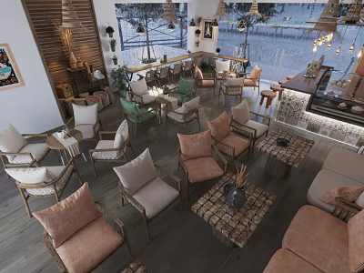 Modern Cozy Café Interior With Comfortable Chairs Wooden Tables And Hanging Lights 3d model