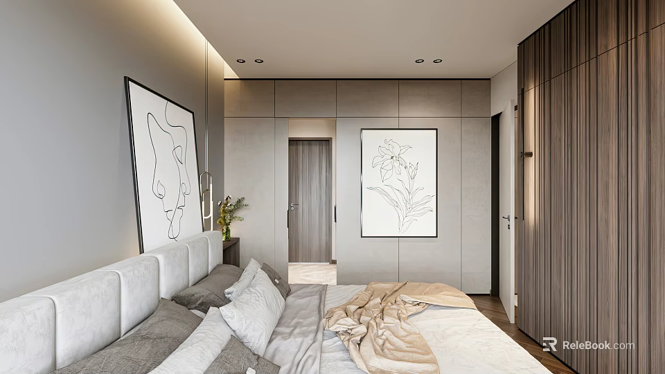 Modern Bedroom Interior With Gray Beige Bedding Black White Line Art And Built in Wardrobes 3d model 
