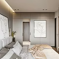 Modern Bedroom Interior With Gray Beige Bedding Black White Line Art And Built in Wardrobes