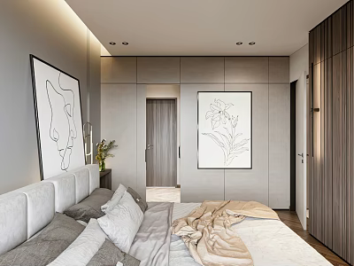 Modern Bedroom Interior With Gray Beige Bedding Black White Line Art And Built in Wardrobes 3d model