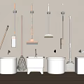 Home Cleaning Tools And White Sinks Hanging On Wall In Bathroom 3d model