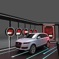 Modern Car Exhibition Booth Featuring White And Yellow Cars With Display Screens And Circuit Lines