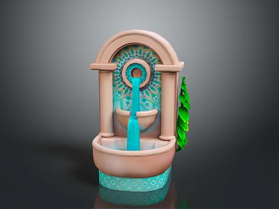 Ornate Arch Shaped Fountain With Decorative Circular Center Turquoise Accents Green Leaf And Basin Base 3d model