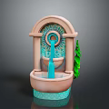 Ornate Arch Shaped Fountain With Decorative Circular Center Turquoise Accents Green Leaf And Basin Base