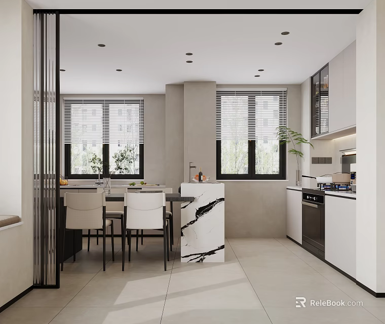 Modern Dining and Living Room Interior With Open Layout Dining Table Chairs And Windows 3d model