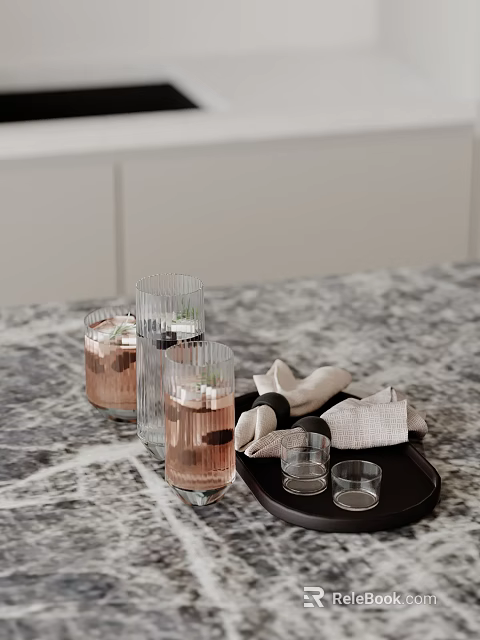 Decorative Ornament Set With Glasses Napkins And Tray On Marble Countertop 3d model 