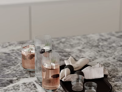 Decorative Ornament Set With Glasses Napkins And Tray On Marble Countertop 3d model