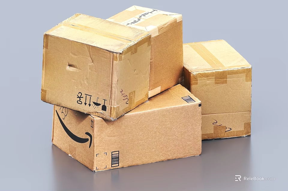 Stacked Brown Shipping Cardboard Boxes With Packing Tape And Amazon Labels 3d model 