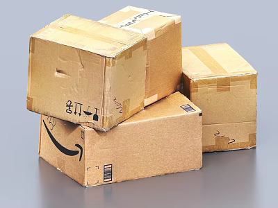 Stacked Brown Shipping Cardboard Boxes With Packing Tape And Amazon Labels 3d model