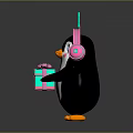 Adorable Penguin Wearing Pink Headphones With Green Christmas Trees Holding Gift Box With Pink Bow