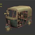 Three Wheeled Green Yellow Motorcycle with Yellow Canopy Open Door and Brown Seats