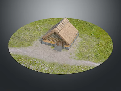 Cartoon Scene Featuring Thatched Roof Cottage With Green Grassland And Dirt Path In Circular Setting 3d model